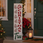 Decorative Christmas sign with 'Oh Christmas Tree' text on a porch with festive decorations.