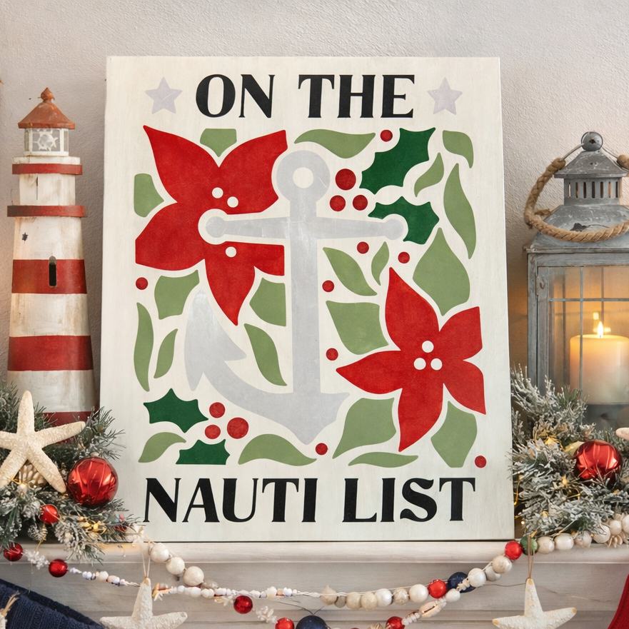 Decorative sign with anchor and poinsettia design on a mantel with Christmas decorations.