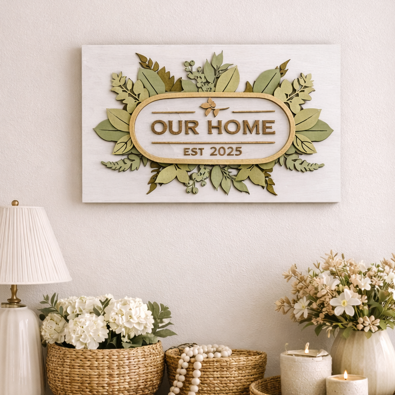 Decorative setup with a 'Our Home' sign, DIY Craft Project at Paisley Grace Makery in Fernandina Beach. Bachelorette Parties. Realtor Gifts. Finished project available. 