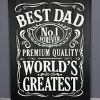 Decorative sign with text 'Best Dad No.1 Forever Premium Quality World's Greatest' on a dark background