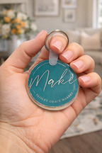 Paisley Grace Makery “Make” logo acrylic keychains for loyal PGM makers, creative workshop community gift and branding accessory