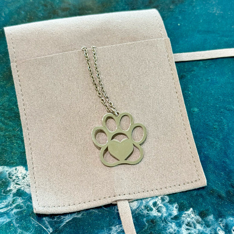 Necklace with a paw print pendant on a beige card against a blue textured background