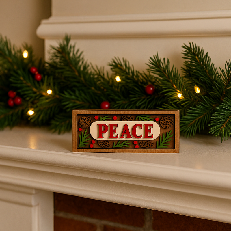 Decorative sign with 'PEACE' on a Christmas mantel with garland and lights.