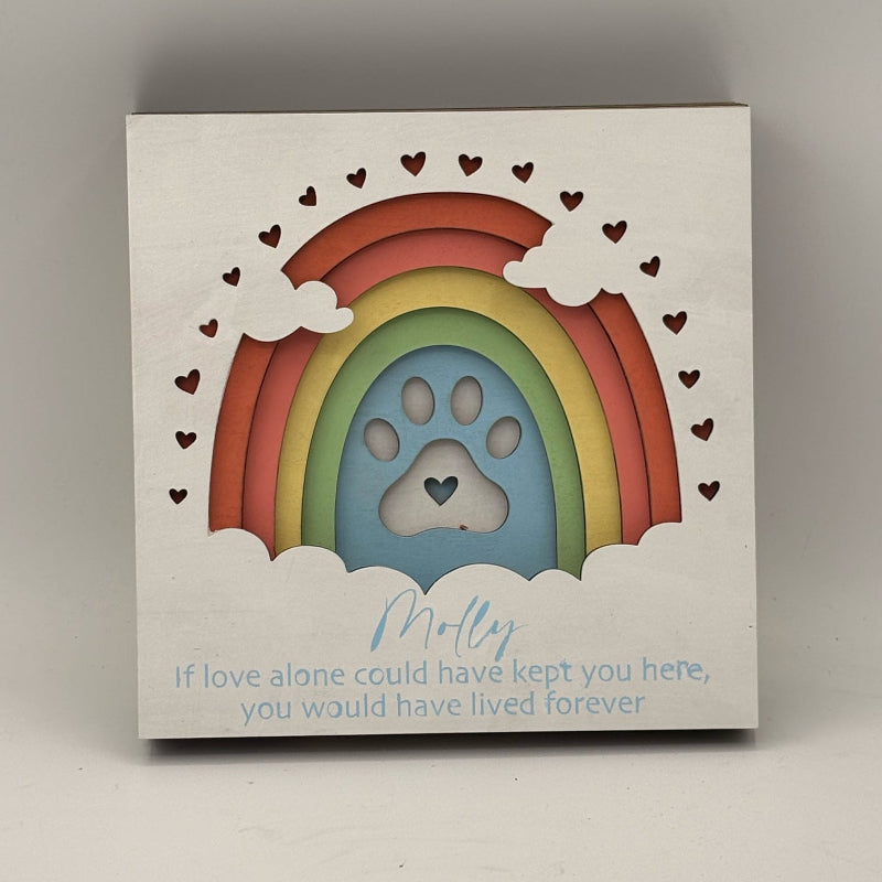 Card with rainbow design and paw print on a gray background