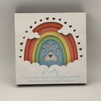 Card with rainbow design and paw print on a gray background