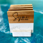 Personalized Engraved Marble Wood Coasters - Set of 4 Coasters and Stand G301