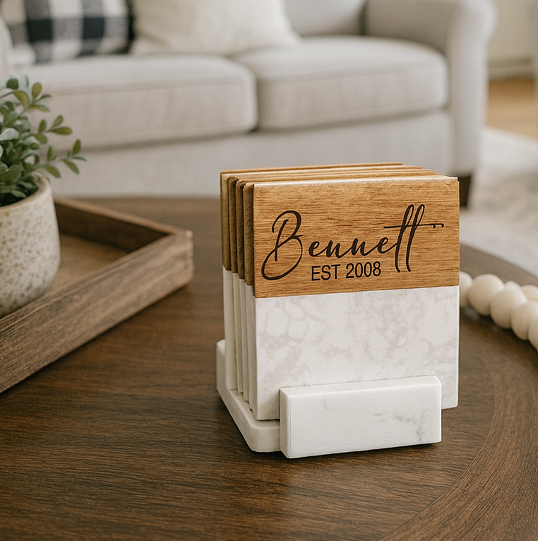 Coaster set with 'Bennett' branding on a coffee table in a living room setting.