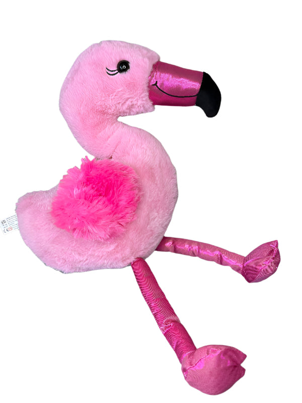 Pink plush flamingo toy on a white background