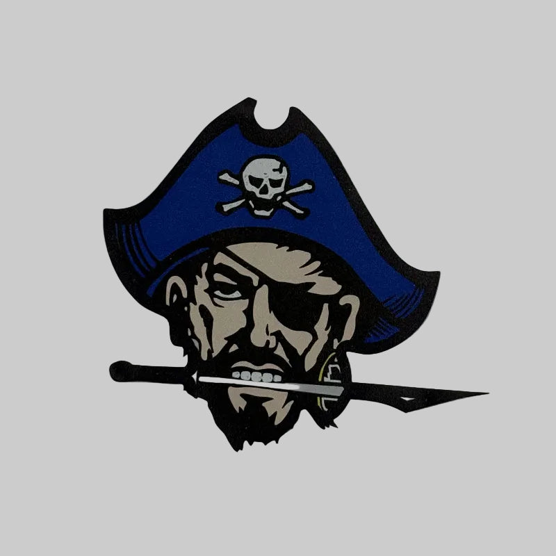 Pirate logo with blue hat and skull and crossbones on a white background