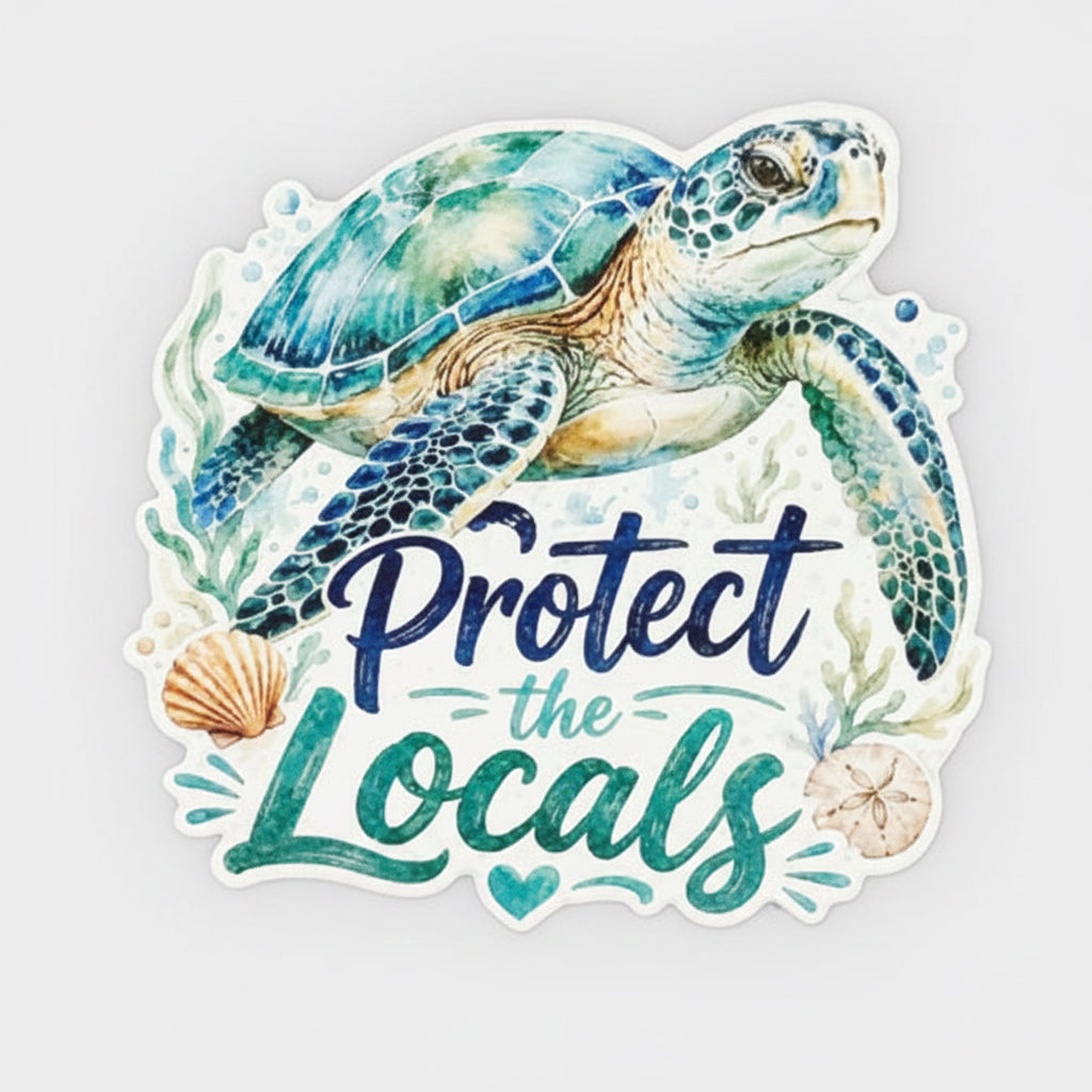 Sticker with a turtle and 'Protect the Locals' text on a beige background