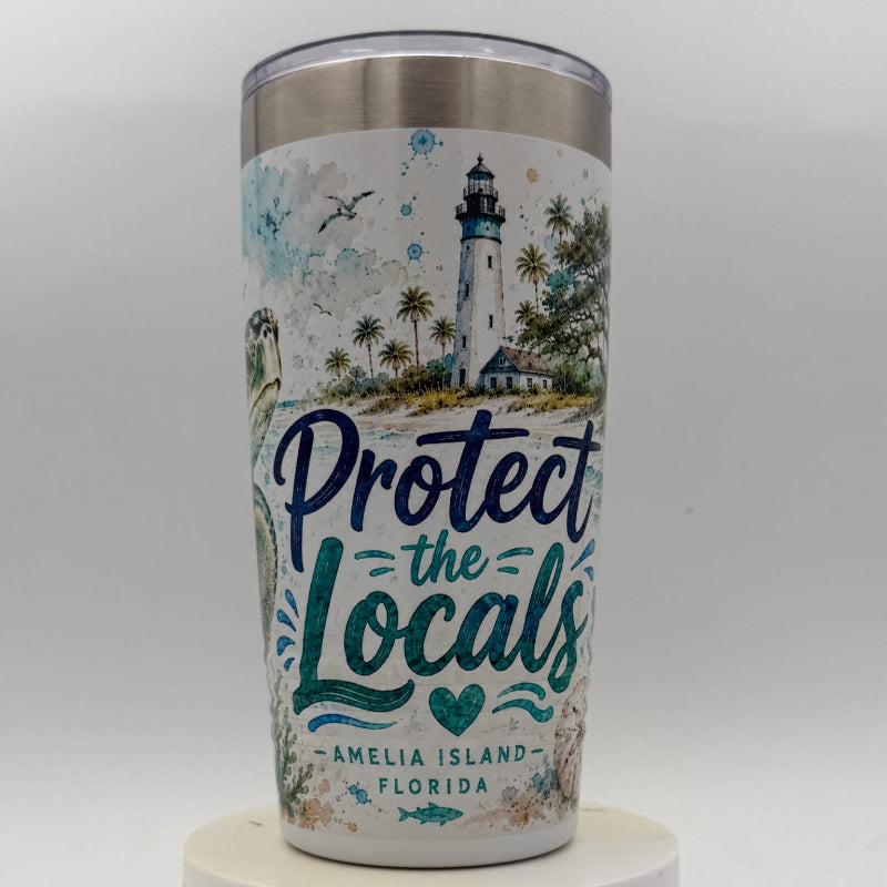 Tumbler with a scenic design and text on a white background