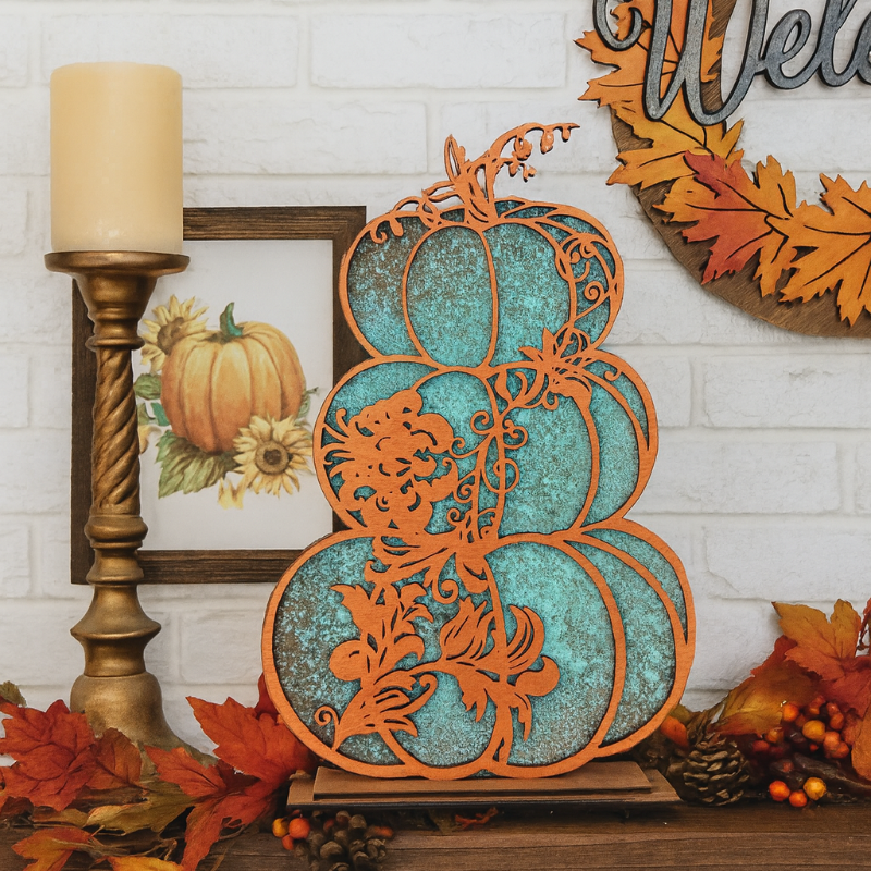 Decorative autumn-themed mantel with pumpkins, leaves, and a 'Welcome' sign.
