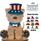 Wooden dog figurine with a patriotic hat on a white background, surrounded by additional hat options.