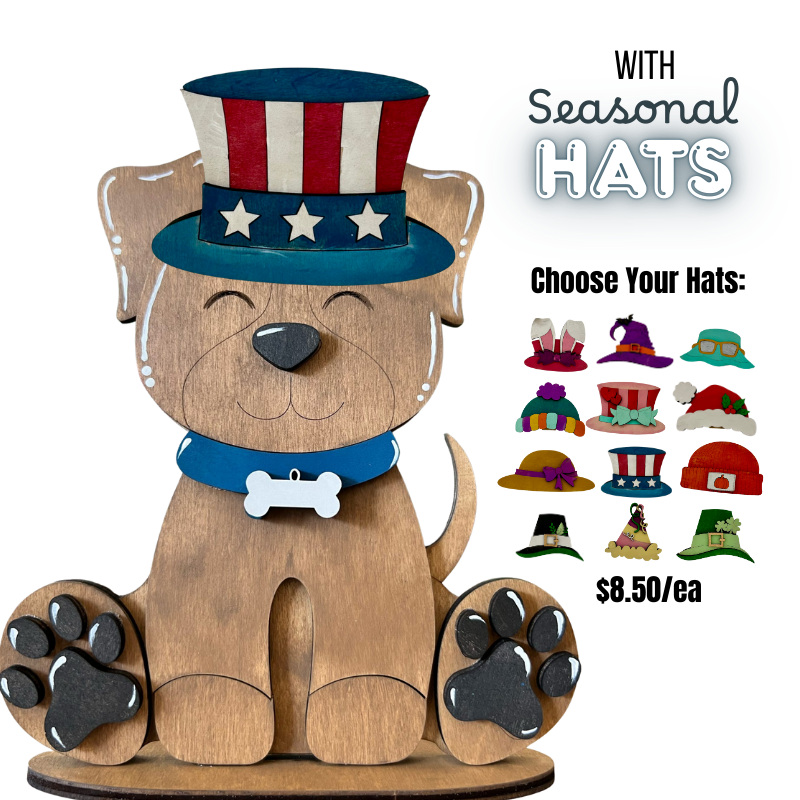 Wooden dog figurine with a patriotic hat on a white background, surrounded by additional hat options.