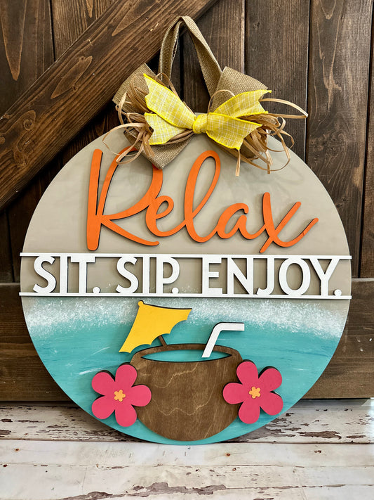 Relax Sip and Enjoy with Coconut 3D CIRCLE DOOR HANGER DESIGN P03574