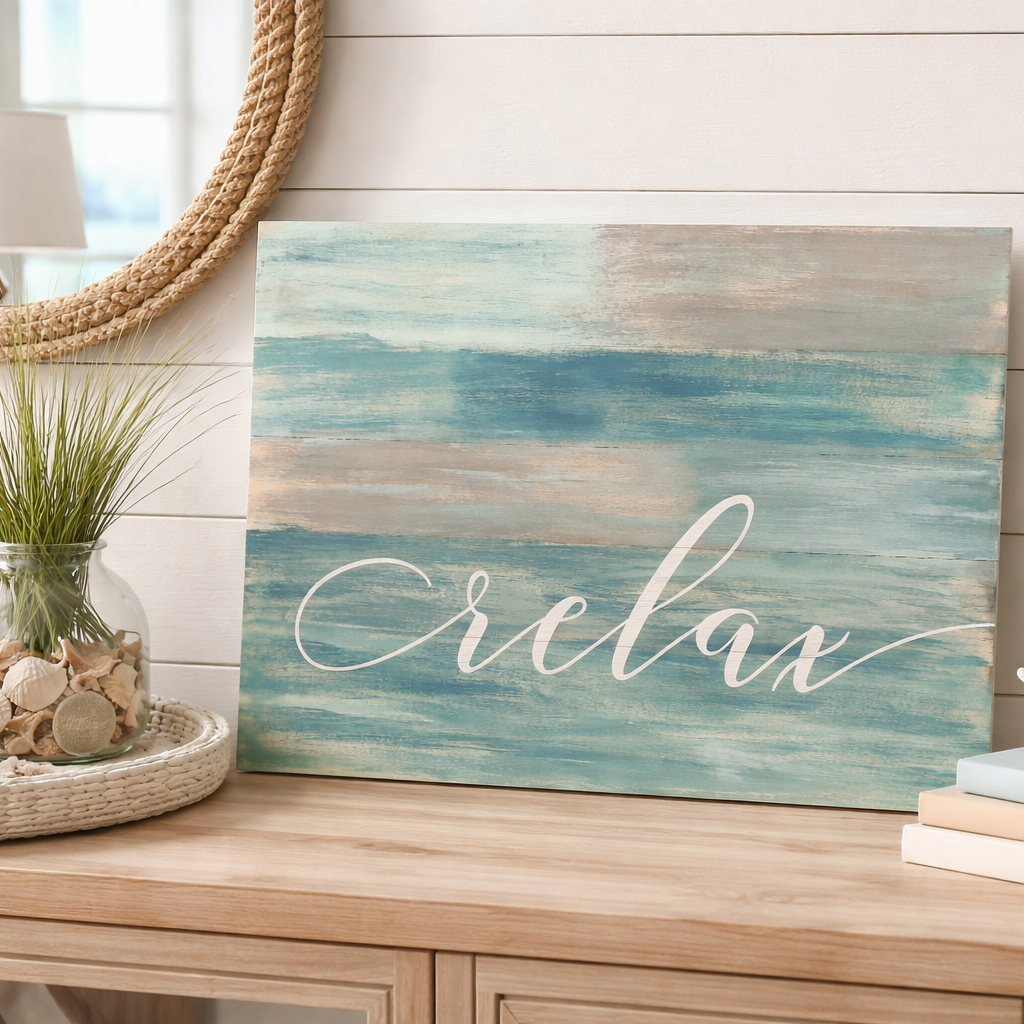 Decorative sign with 'Relax' on a wooden surface with plants and books. DIY kit. 