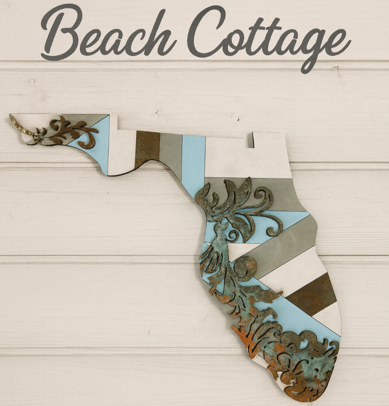 Decorative wall art shaped like Florida with 'Beach Cottage' text on a wooden background