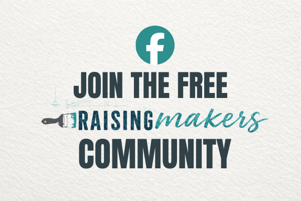 A square promotional graphic with a textured off-white background, featuring the Facebook logo above the text 'JOIN THE FREE RAISING makers COMMUNITY' in dark navy and teal lettering, with a paintbrush illustration crossing the words.