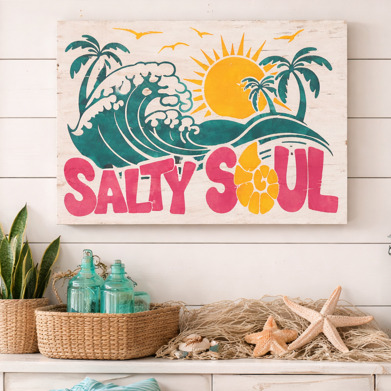Decorative wall art with 'Salty Soul' text in a home setting with plants and pillows.