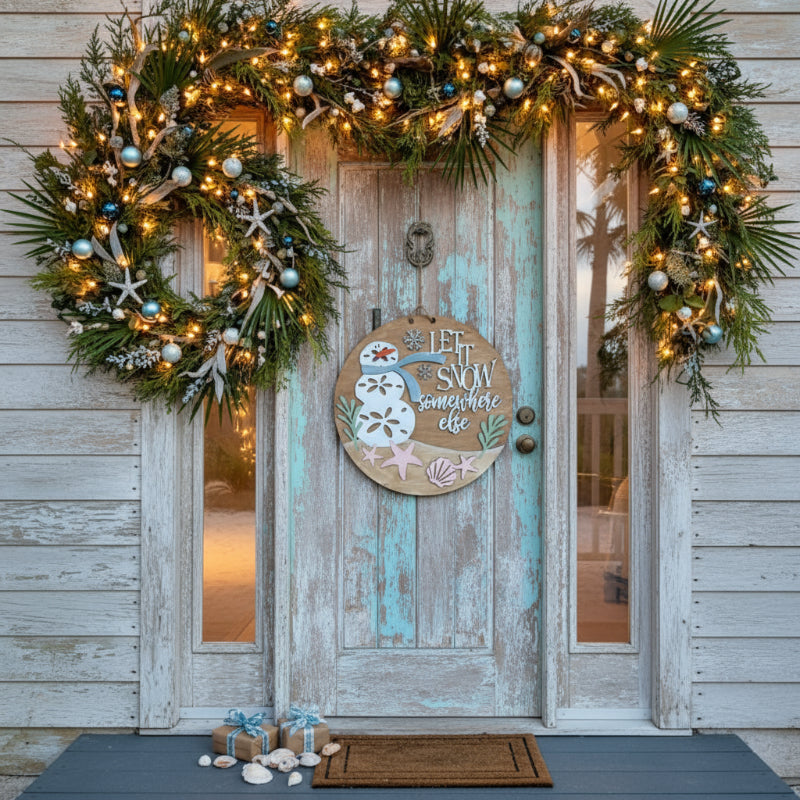 Wooden circular sign with a snowman design and 'Let it snow somewhere else' text, against a wooden background.
