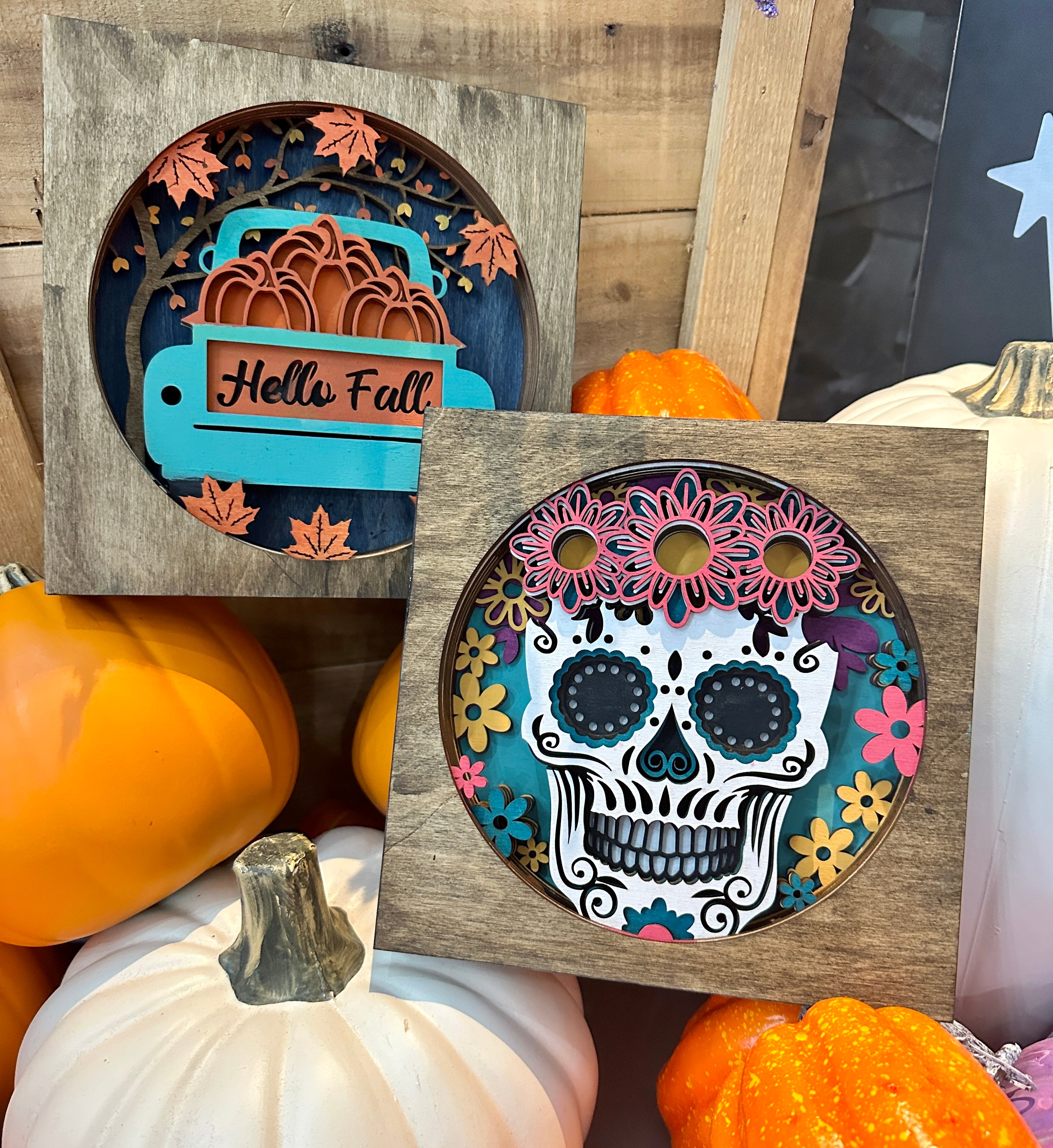 Sat. 10.7.23- Layered Fall Shadow Box Signs Sugar Skull SF1007S  and Pumpkin Truck SF1007T  or