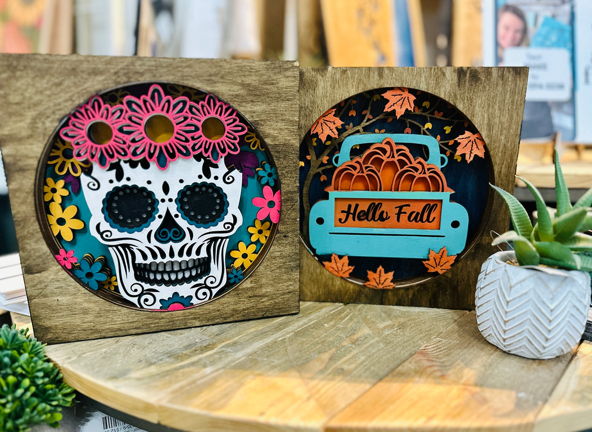Layered Fall Shadow Box Signs Sugar Skull SF1007S  and Pumpkin Truck SF1007T