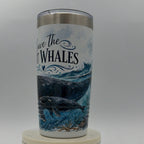 Tumbler with whale design and 'Save the Whales' text on a white background