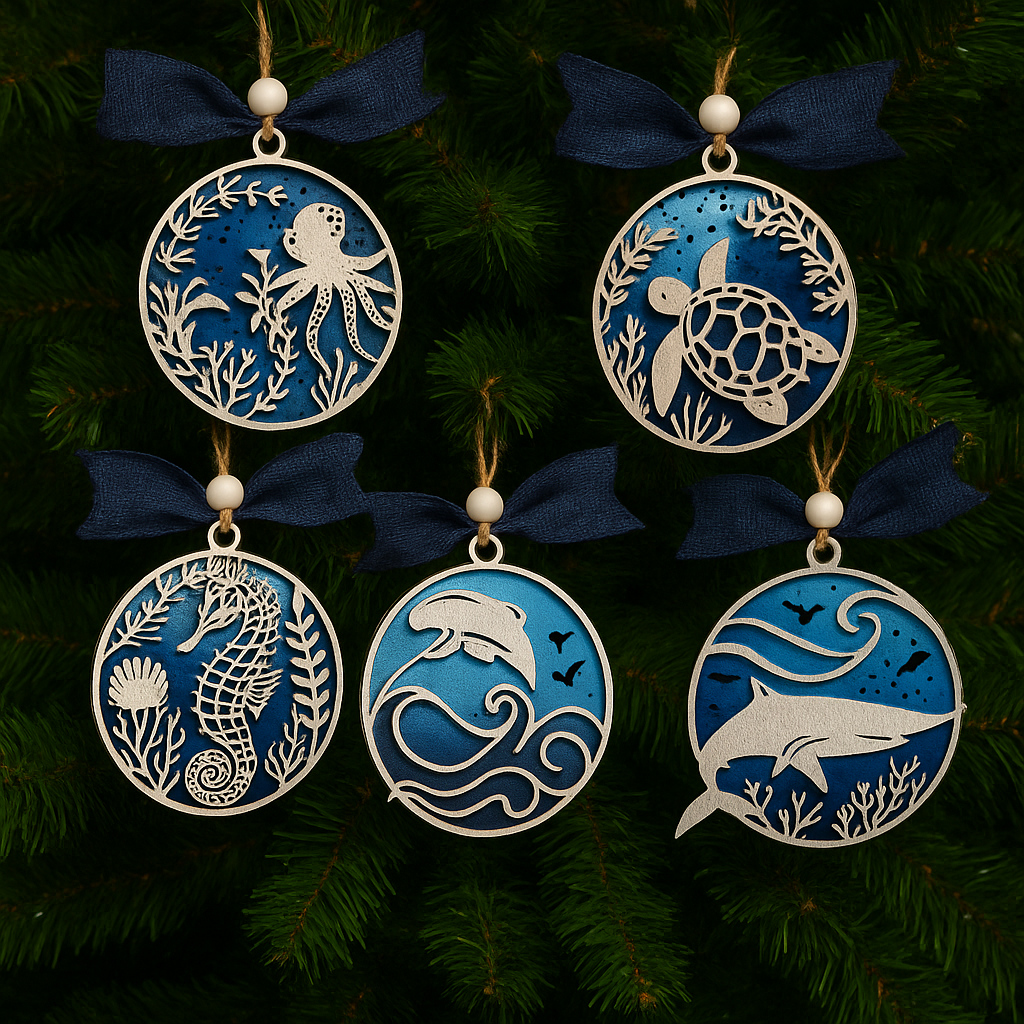 Set of five decorative ornaments with marine life designs on a dark green background.