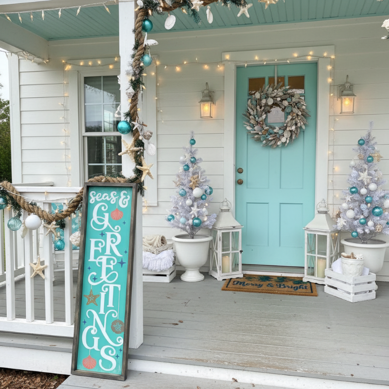 Decorative front porch with Christmas decorations, including a turquoise door and festive signs.