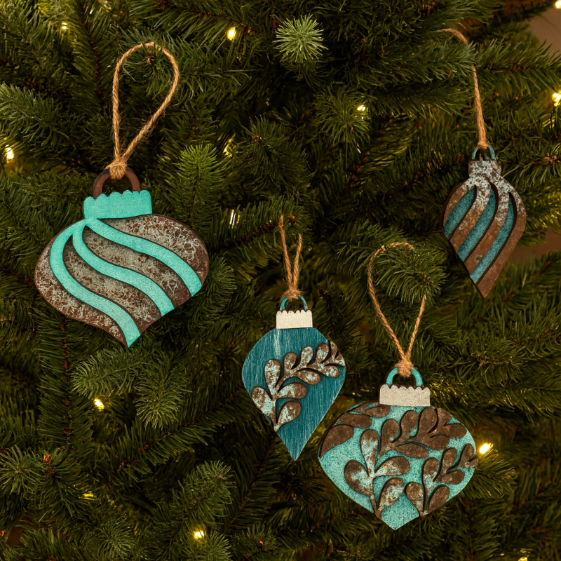 Decorative Christmas ornaments on a tree with greenery and lights.