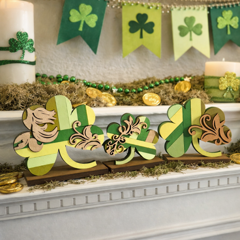 Decorative shamrock figures on a mantelpiece with St. Patrick's Day decorations.