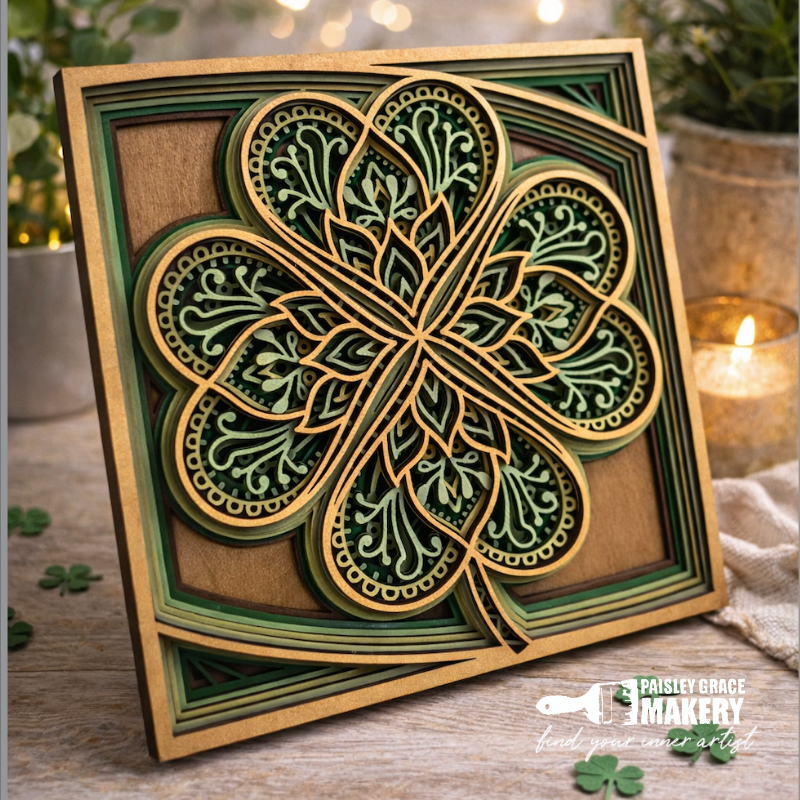 Decorative four-leaf clover card with intricate design on a wooden surface, blurred background