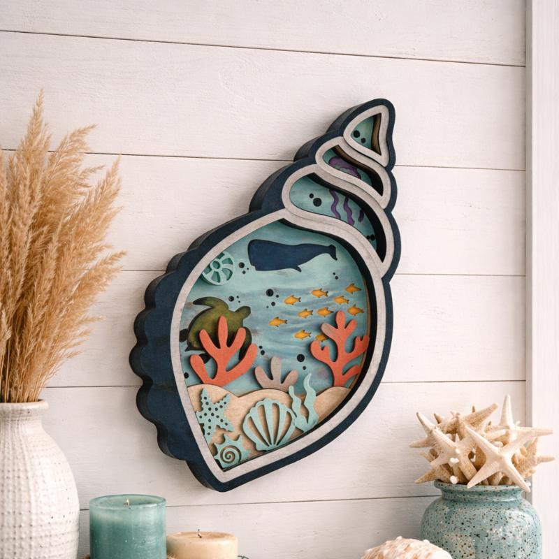 Decorative wall art of a fish and coral on a wooden shelf with candles and decor items.