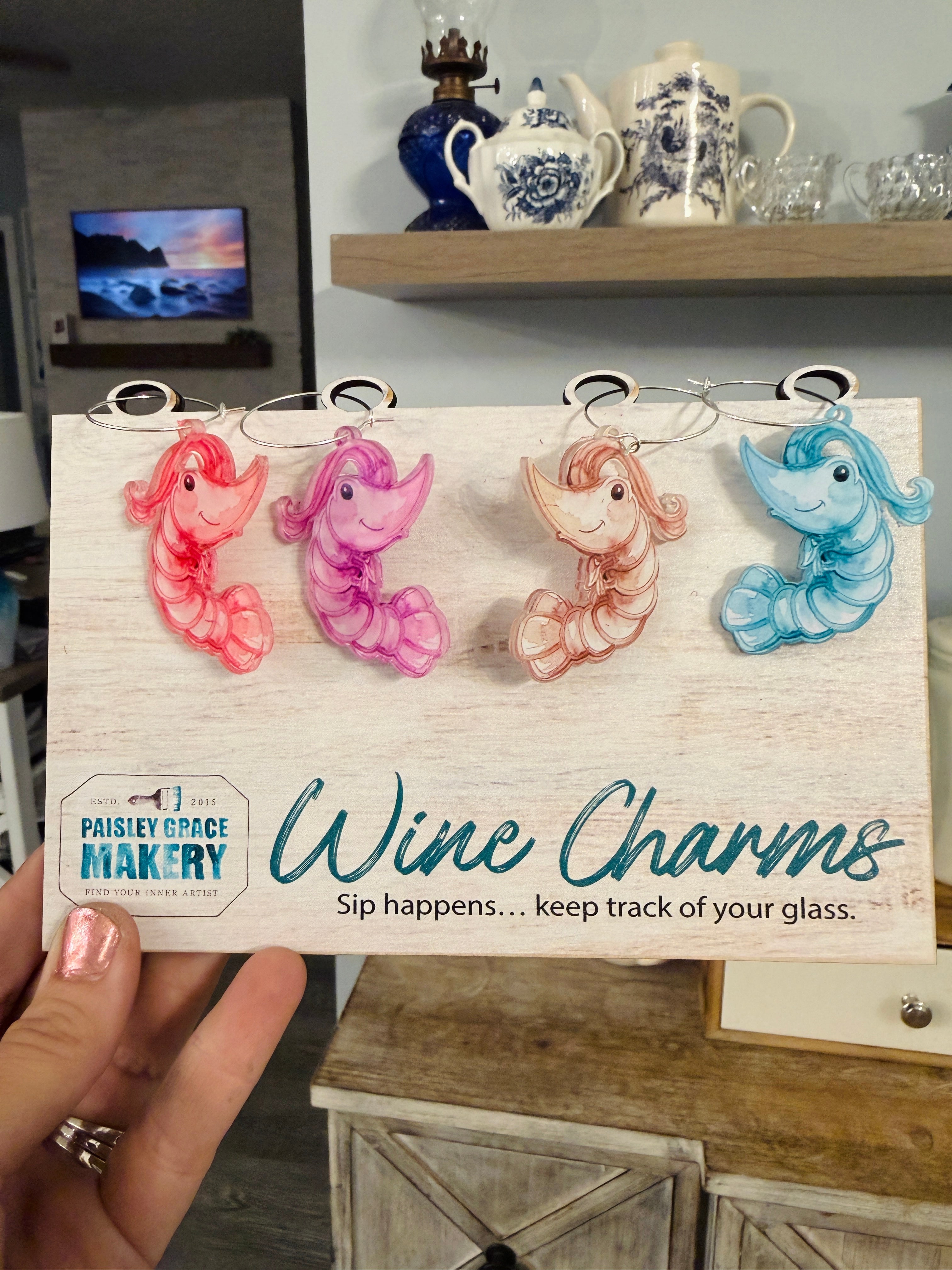 Shrimp Wine Charms Set of 4 with Giftable Storage Board | Coastal Wine Glass Markers | Fernandina Beach Shrimp Decor | Hostess Gift Idea