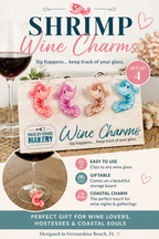 Shrimp Wine Charms Set of 4 with Giftable Storage Board | Coastal Wine Glass Markers | Fernandina Beach Shrimp Decor | Hostess Gift Idea