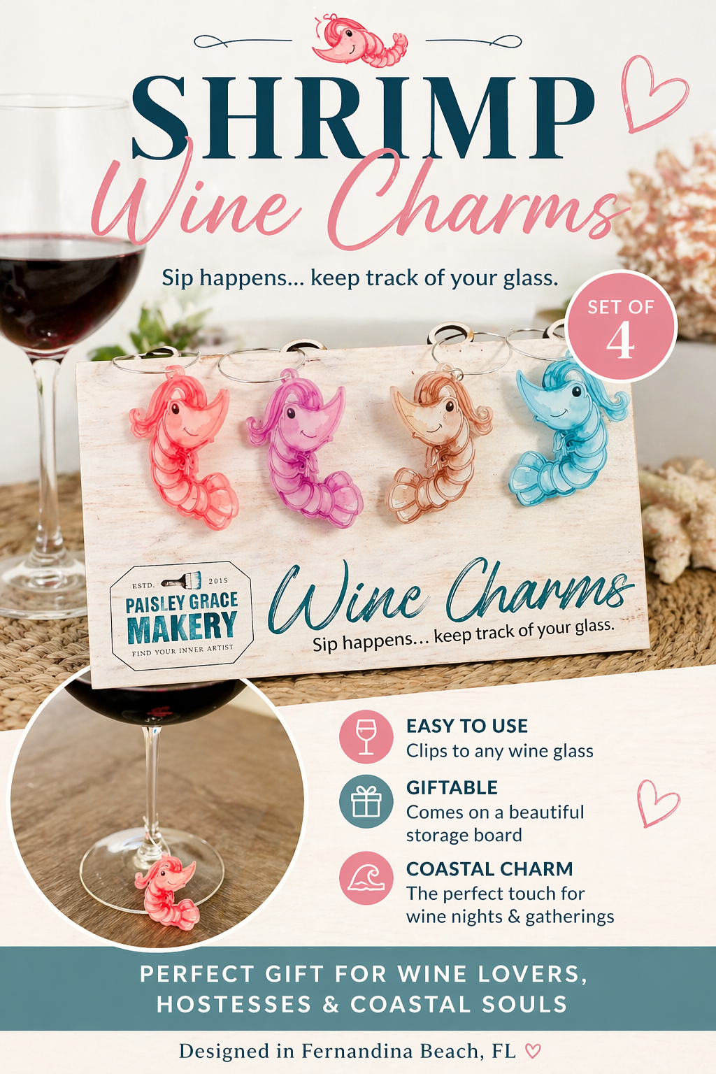 Shrimp Wine Charms Set of 4 with Giftable Storage Board | Coastal Wine Glass Markers | Fernandina Beach Shrimp Decor | Hostess Gift Idea