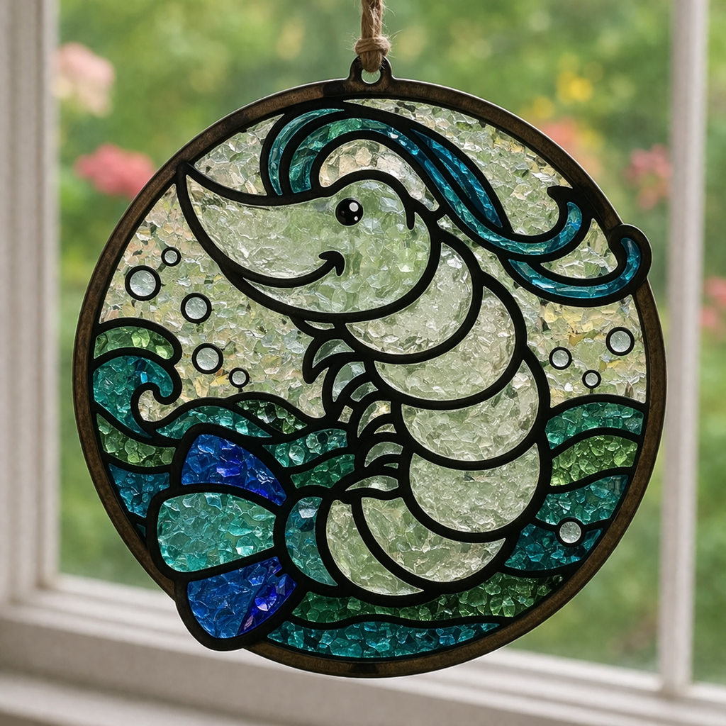 Stained glass shrimp decoration hanging by a window with a blurred green and pink outdoor background.