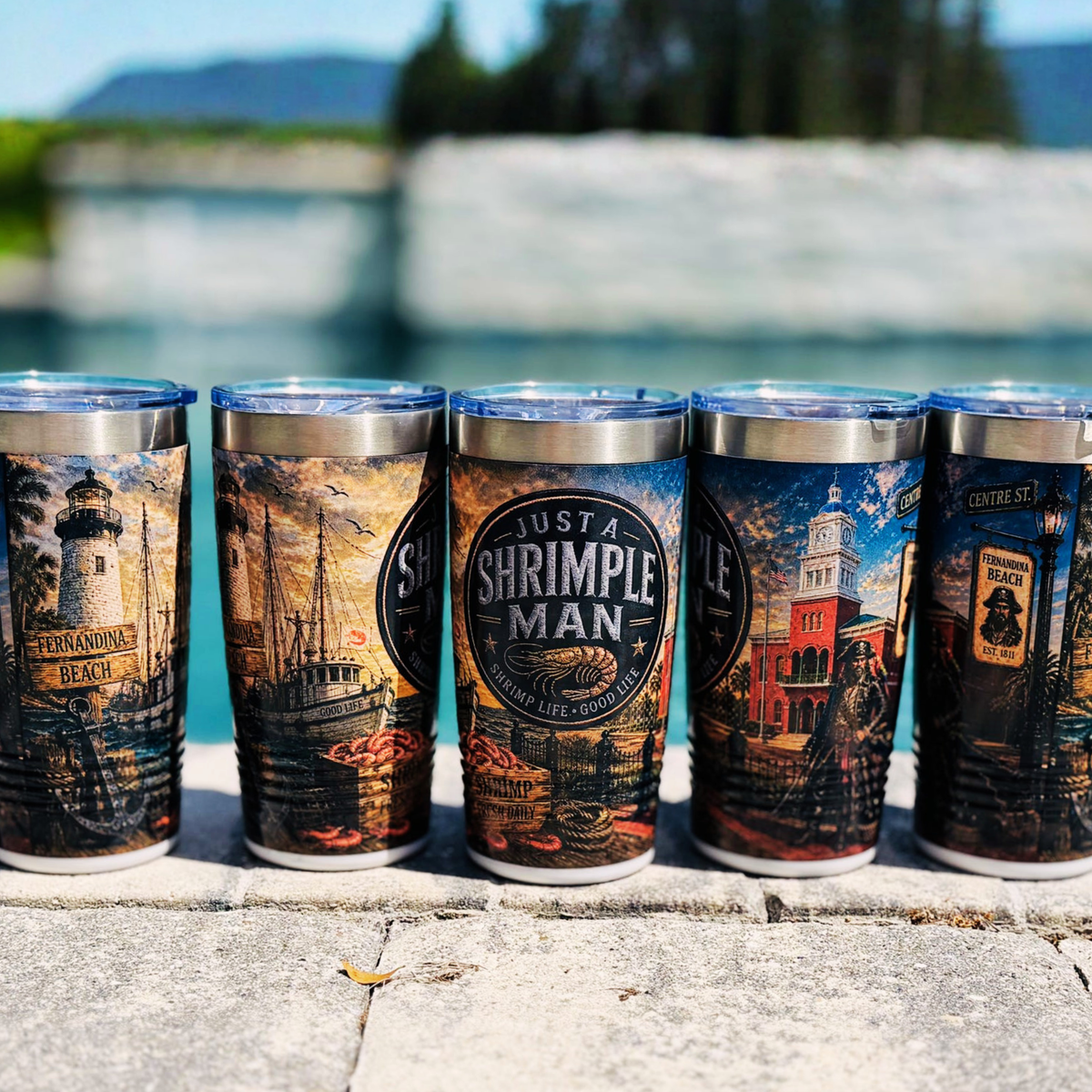 Just a Shrimple Man Tumbler – Fernandina Beach Shrimp Festival Cup | Coastal Lighthouse & Pirate UV Printed Travel Mug