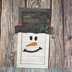 Wooden snowman decoration on a rustic wooden background