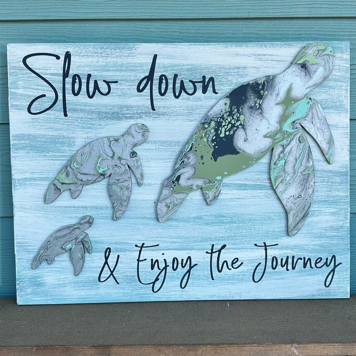 Slow Down and Enjoy The Journey Turtle Trio Mixed Media Signature P013804