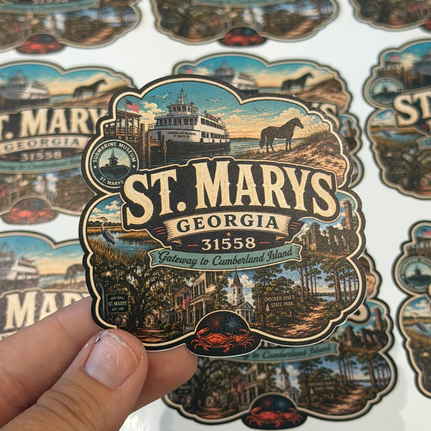 Sticker of St. Mary's, Georgia held by a hand with more stickers in the background.