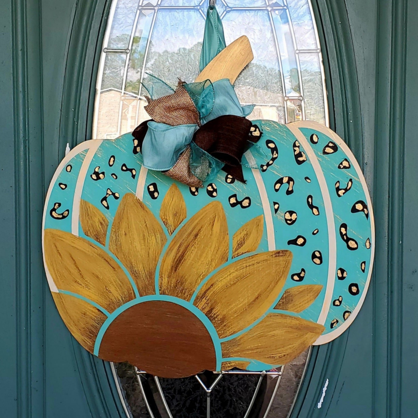 Sunflower Leopard Pumpkin Door Hanger Design P0578