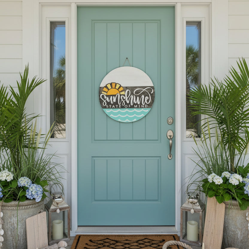 Decorative sign with 'Sunshine State of Mind' text and sun graphic on a wooden background