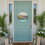 Decorative sign with 'Sunshine State of Mind' text and sun graphic on a wooden background