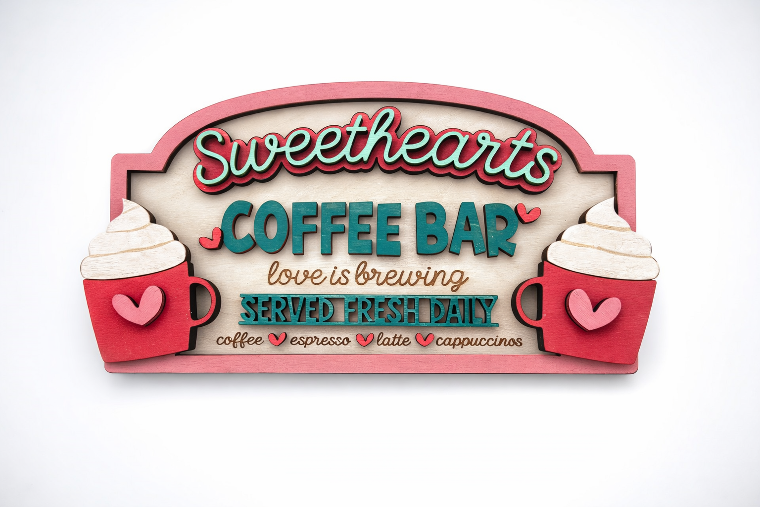Decorative sign for Sweetheart's Coffee Bar with coffee cups and text on a white background DIY Craft Project at Paisley Grace Makery in Fernandina Beach Florida. 