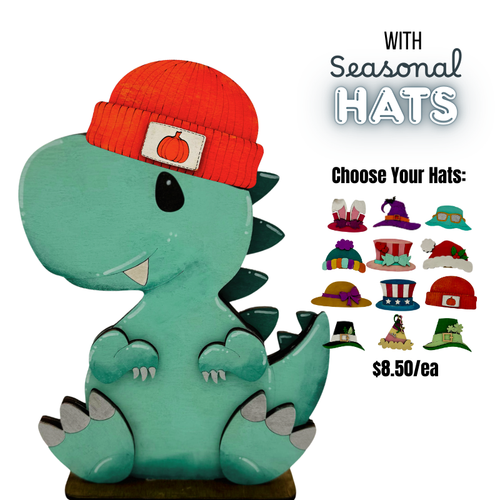 Green dinosaur planter with a red hat featuring a pumpkin, surrounded by other hats on a white background.
