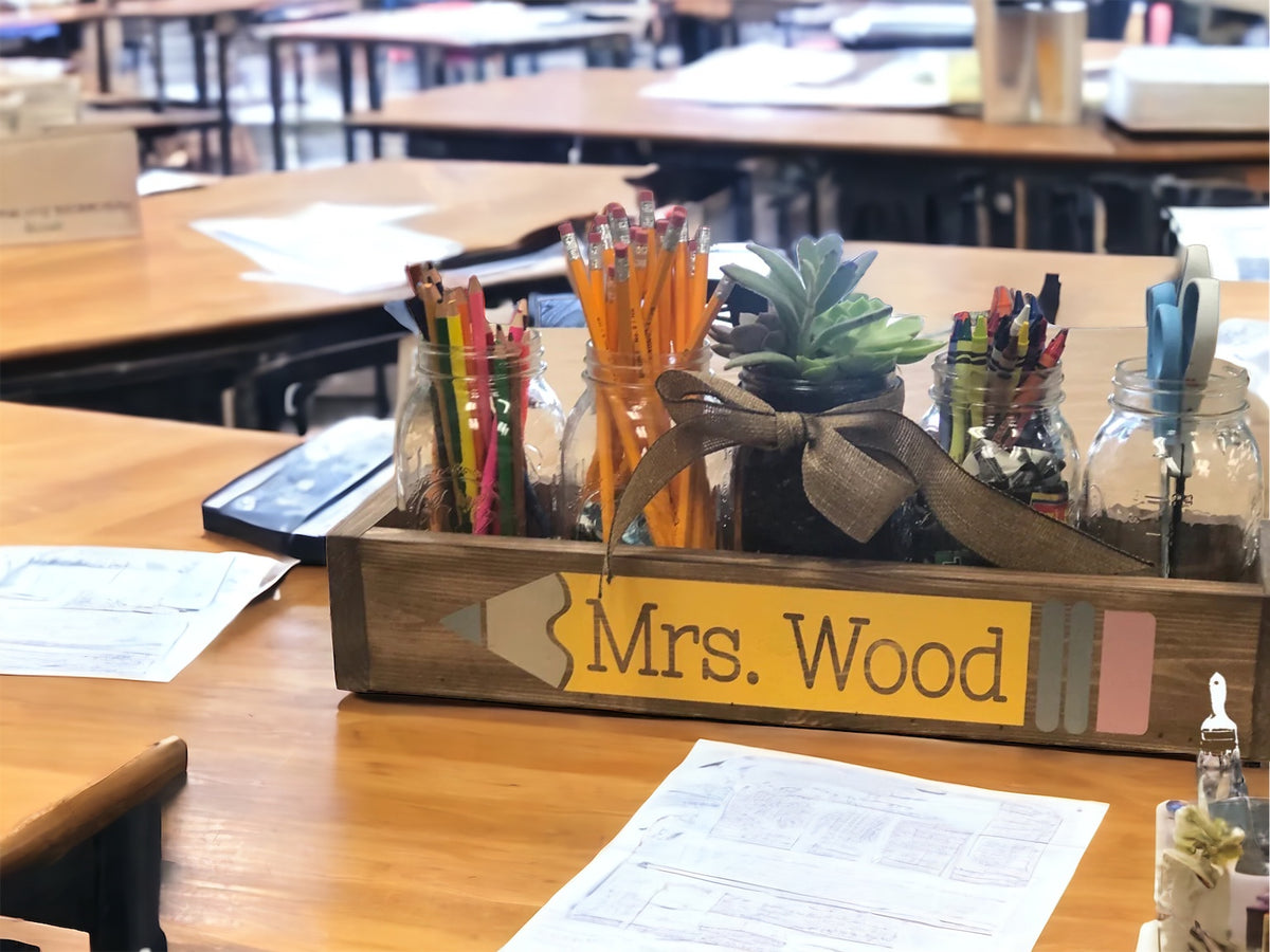 Teacher Name in Pencil Design Wood Box P0178