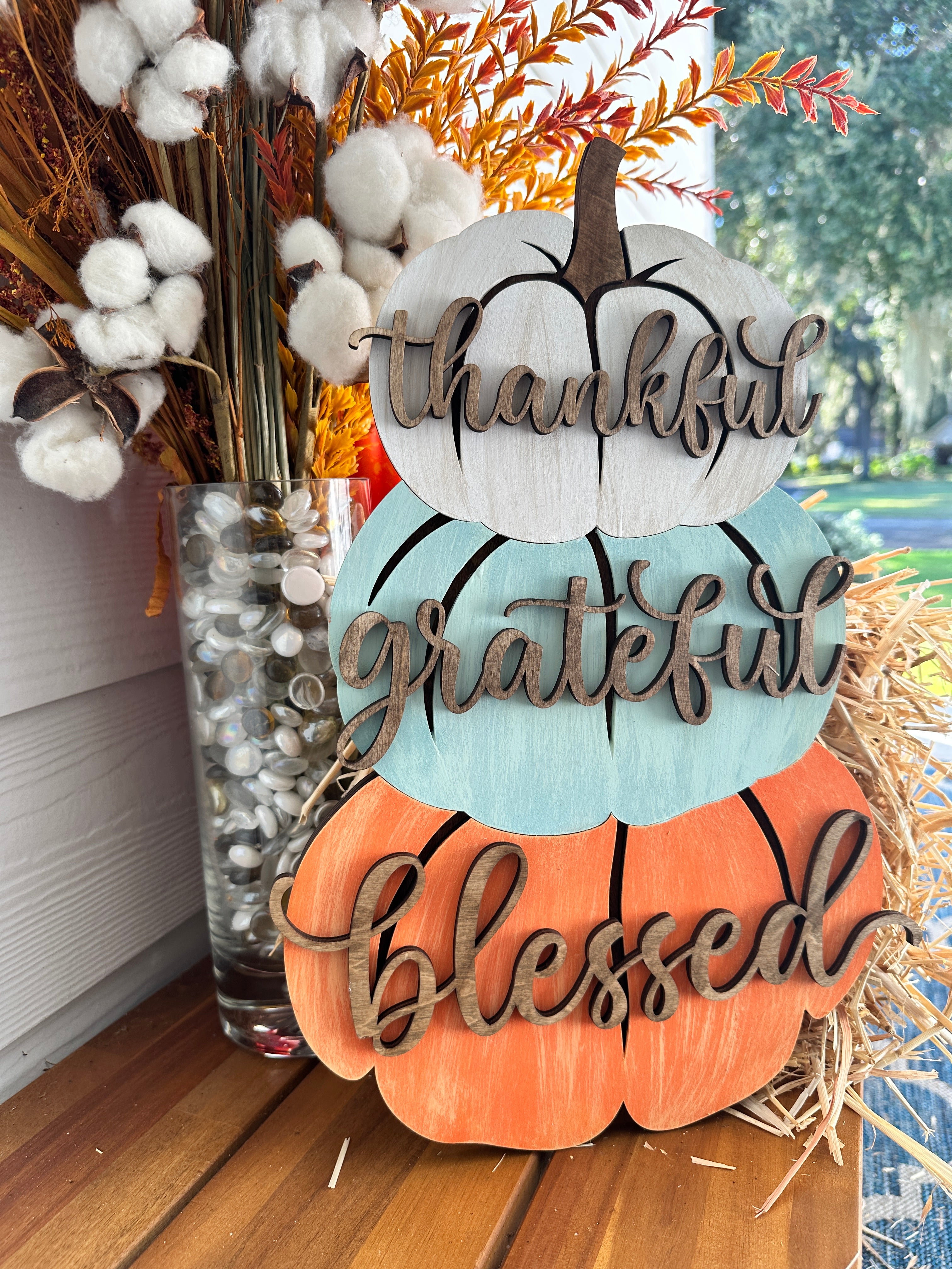 Thankful Grateful Blessed Stacked Pumpkin Trio Laser Craft P13347