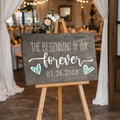 Wooden sign on an easel with wedding date and 'The Beginning of Our Forever' text, set against a wedding reception backdrop.