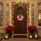 Round wooden sign with Christmas-themed decorations and 'tis the season text on a wooden background.
